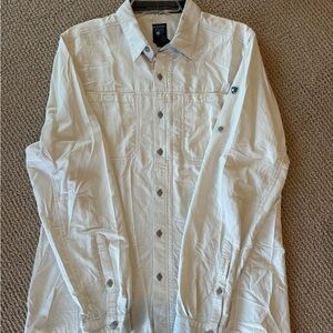 KUHL Men's hiking camping long sleeves Shirt white, grey buttons, MEDIUM.